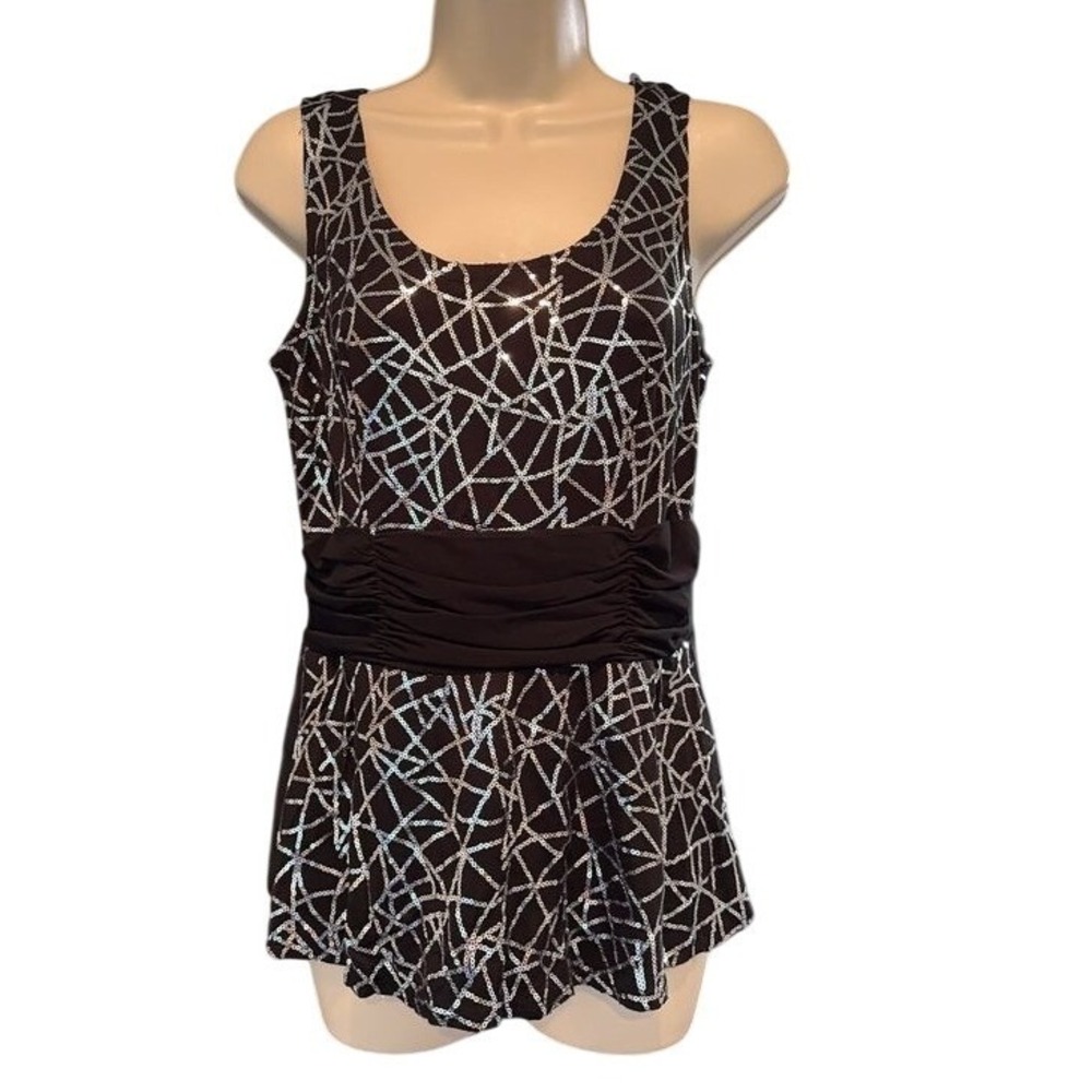 Perceptions New York Womens Black Silver Sequin Peplum Top Ruched Waist Size 8